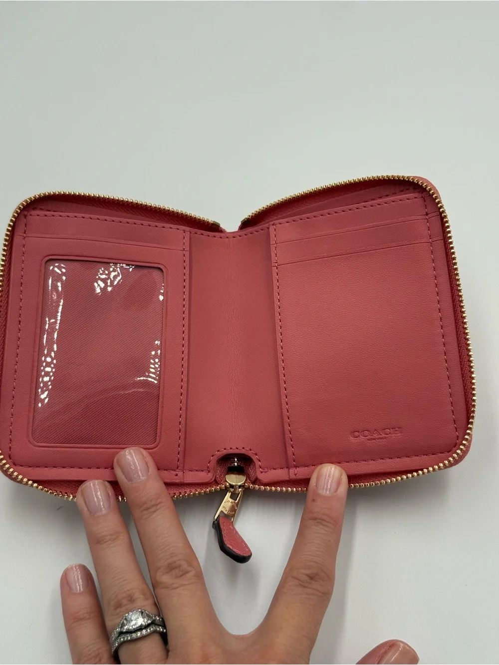 Coach Pink Signature Compact Zip Wallet with Gold Accent